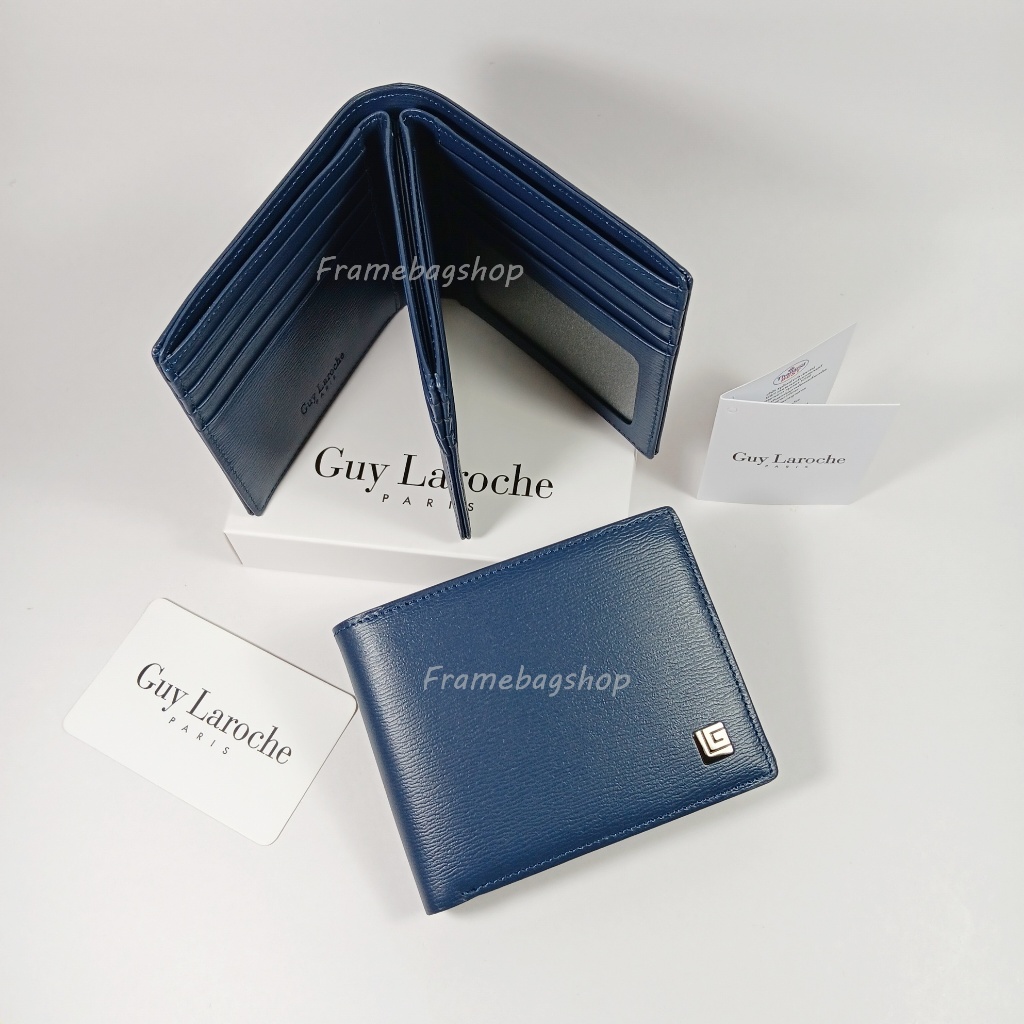 Guy Laroche กระเป๋าสตางค์ผู้ชายใบสั้น (สีน้ำเงินกรมท่า) สามช่องแบงค์ หนังนิ่ม หนังลาย ของใหม่ ของแท้100%