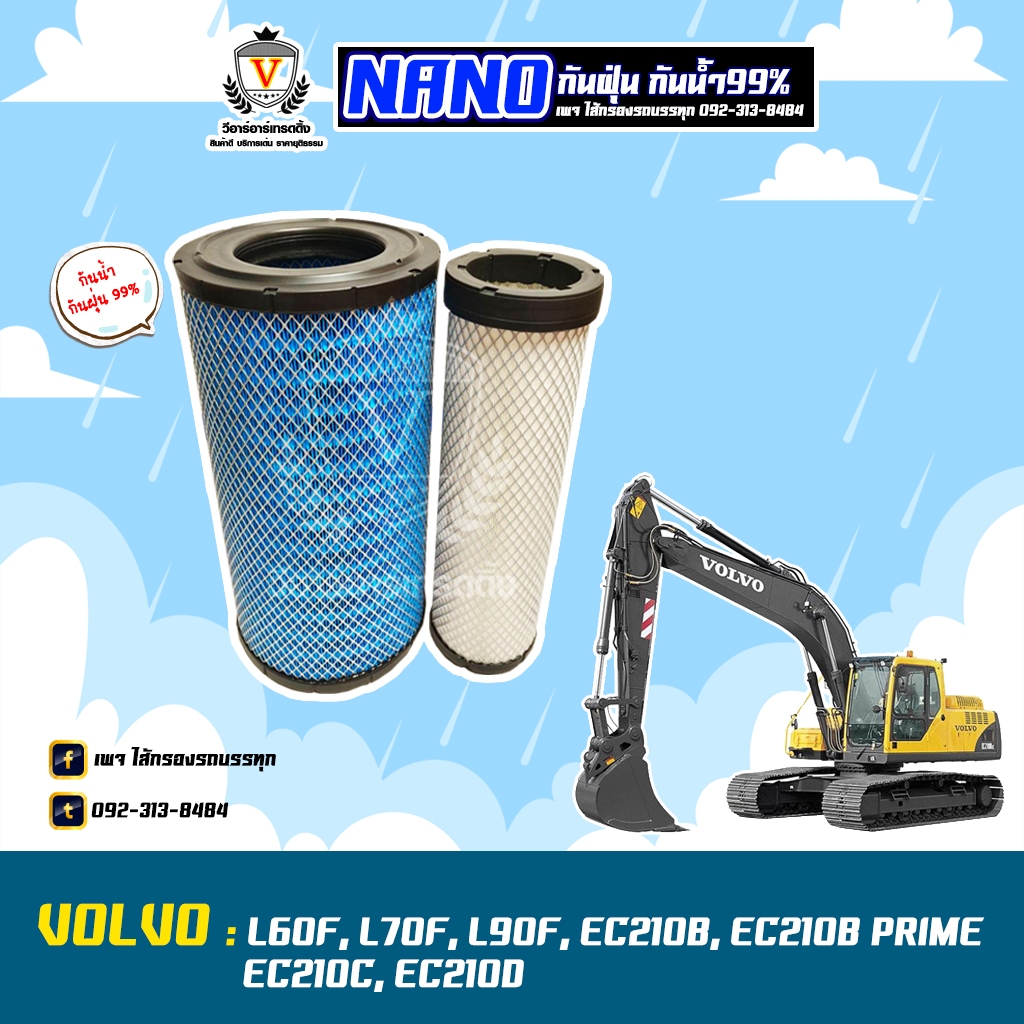 ไส้กรองอากาศ นาโนกันน้ำ VOLVO รุ่น L60F, L70F, L90F, EC210B, EC210B PRIME, EC210C, EC210D, 11110175+