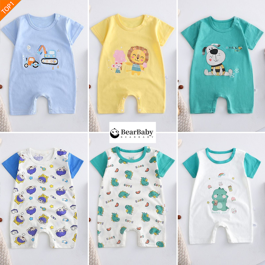 เสื้อเด็กเเรกเกิด รอมเปอร์เด็ก สีพื่น/สีทูโทน พิมพ์ลายการ์ตูน ติดกระดุมเปิดปิดได้ ไซส์59-80