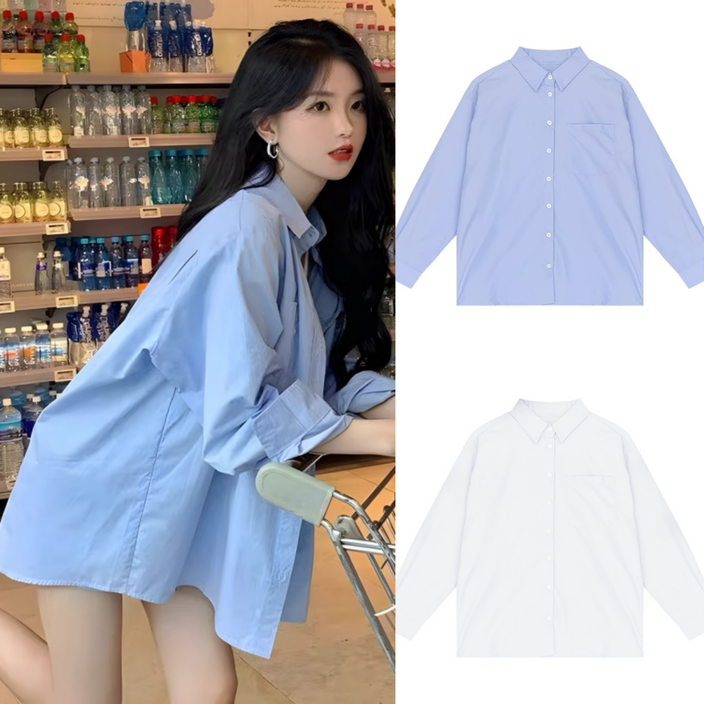 Suysuy พร้อมส่ง เสื้อเชิ้ต สไตล์เกาหลี แขนยาว ลําลอง แฟชั่นผู้หญิง สีขาว-สีฟ้า