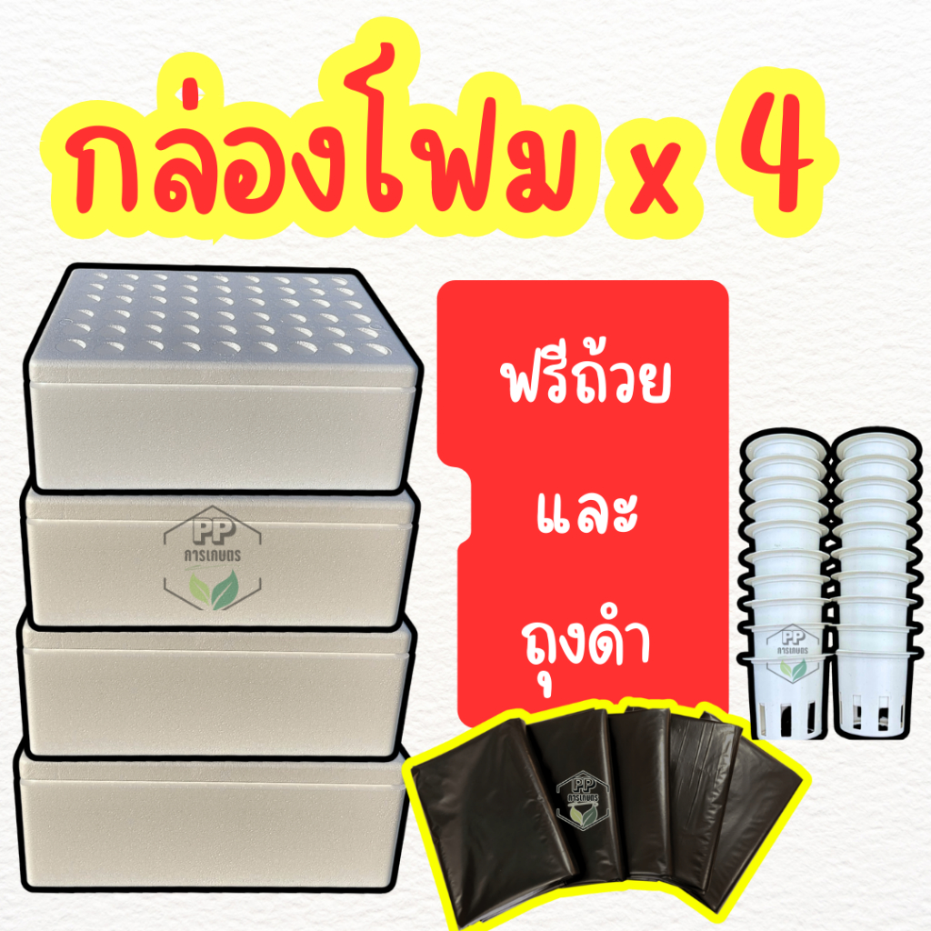 กล่องโฟมชุด 4 ใบ พร้อมถ้วยปลูก และ ถุงดำ พร้อมปลูก กล่องโฟมปลูกผัก กล่องโฟมปลูกผักไฮโดรโปนิกส์ **อุปกรณ์ครบพร้อมปลูก**