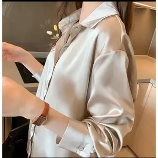 【เสื้อผ้าผู้หญิง】เสื้อเชิ้ตระดับไฮเอนด์หรูหราเบาๆ ผ้าไหมเครปซาตินธรรมดาสำหรับผู้หญิงเสื้อพร็อพแขนยาวทรงหลวม NO.M004