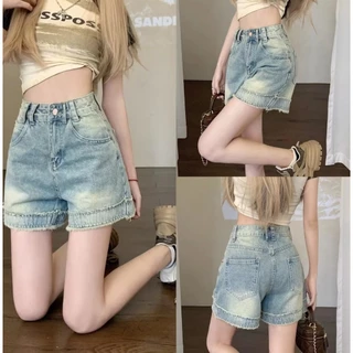 Swan shop 💥พร้อมส่ง💥 กางเกงยีนส์ขาสั้นเอวสูงทรงเอ สไตล์เกาหลี ผ้ายีนส์แท้