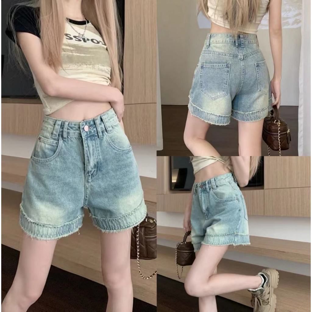 A sheep_shop พร้อมส่ง กางเกงยีนส์ขาสั้นเอวสูงทรงเอ สไตล์เกาหลี ผ้ายีนส์แท้