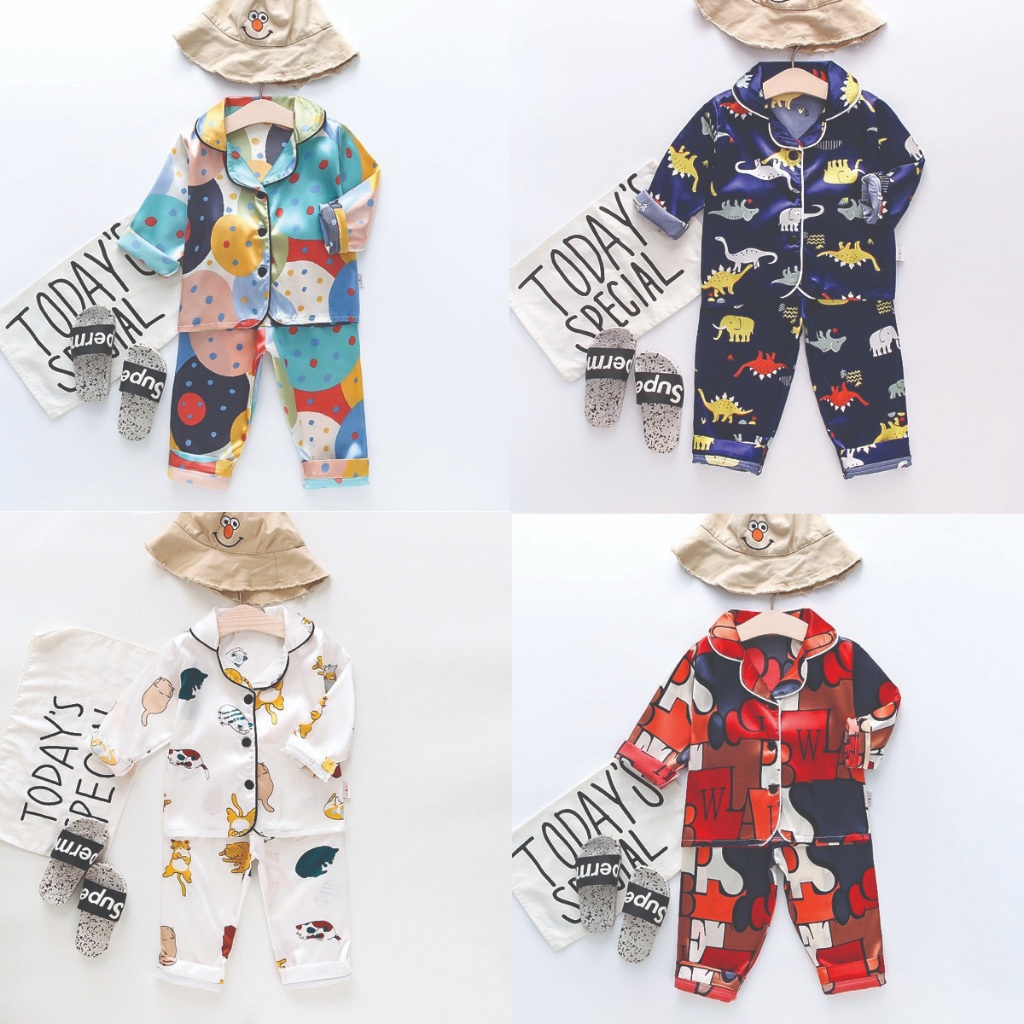 [Size S-XL] ชุดนอนเด็กผ้าซาติน เสื้อแขนยาว + กางเกงขายาว Size 80-110 ร้านไทย สินค้าพร้อมส่ง