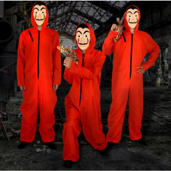 ชุด Money Heist Cosplay ชุดแดงชาย ชุดคอสเพลย์ผู้ชาย ชุดแฟนซีผู้ใหญ่ Dali Cosplay Mask ชุดทรชน La casa de papel Costume