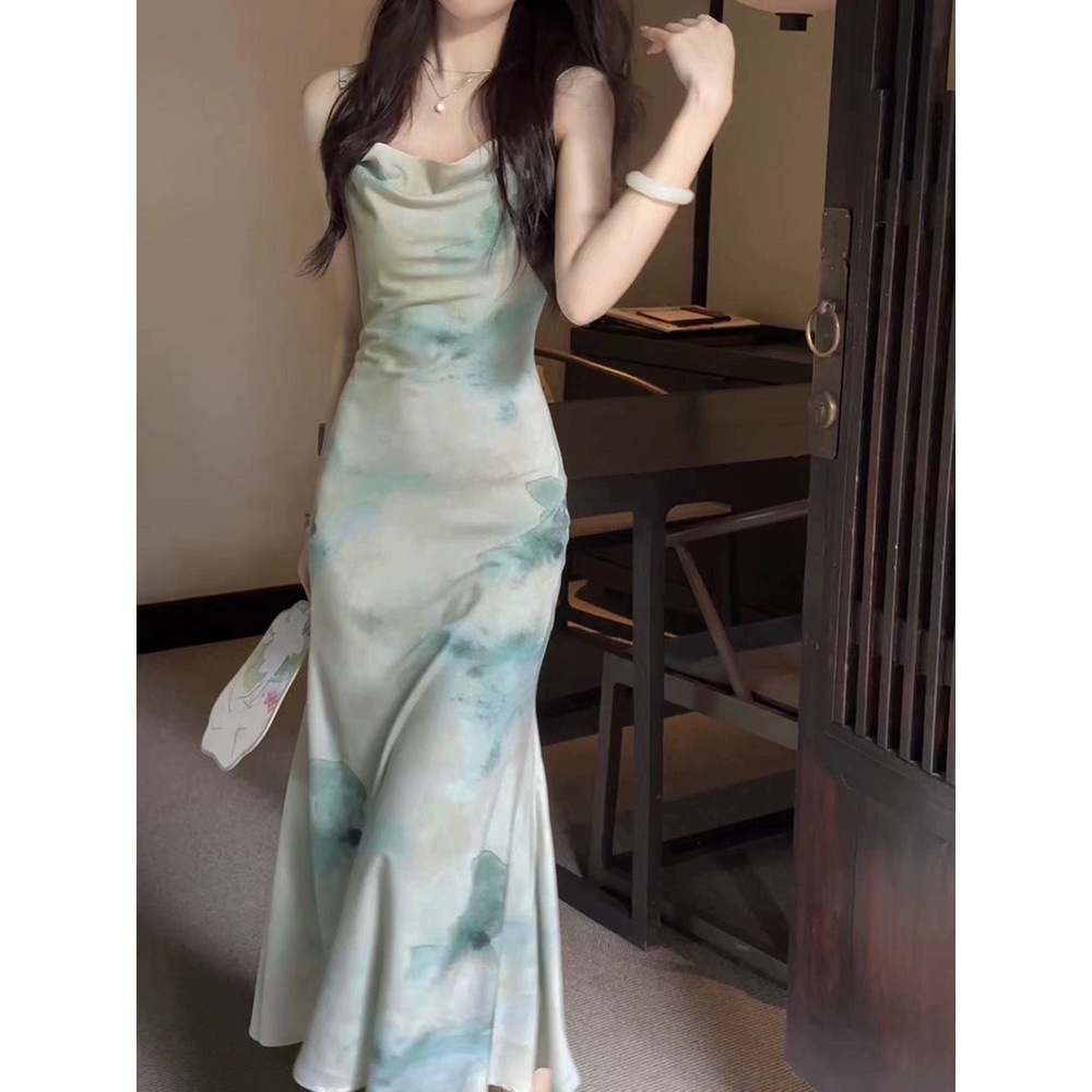 blue dress ทํางาน เดรสสายเดี่ยวรัดรูป ลายดอกไม้ เกาะอกยาว ผู้หญิง ลูกไม้ น่ารัก แฟชั่น เสื้อผ้าสาวอวบ ชุดเดรสไปทะเล - รูปที่ 4