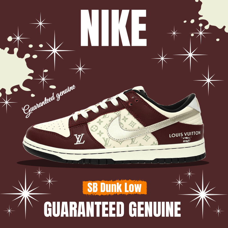 （จัดส่งฟรี）Louis Vuitton x Nike SB Dunk Low"Wine Red/Gold LV" FC1688-188 รองเท้าผ้าใบ รองเท้า nike