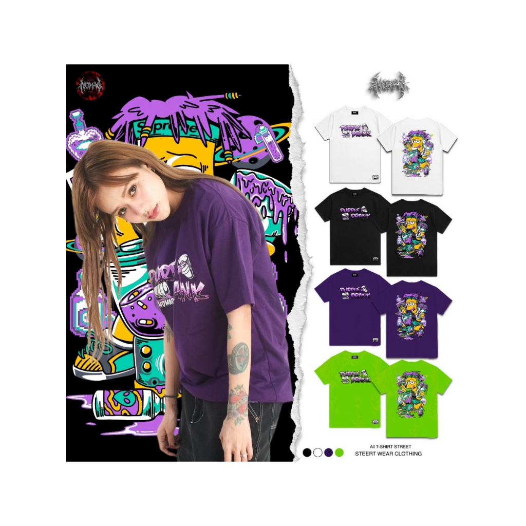 แขนสั้นคอกลม สตรีท v1 ซิมสัน"PURPLE DRANK" เสื้อยืด ไม่จำกัดเพศ ราคาถูก ฝ้าย 100% ขนาด S-5XL