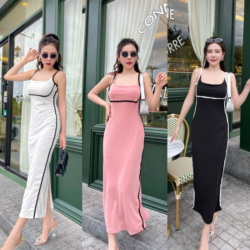 Maxi dress เดรสยาว สายเดี่ยวผ่าหลัง แต่งขอบกุ๊น ผ้าคอตตอนพรีเมี่ยม