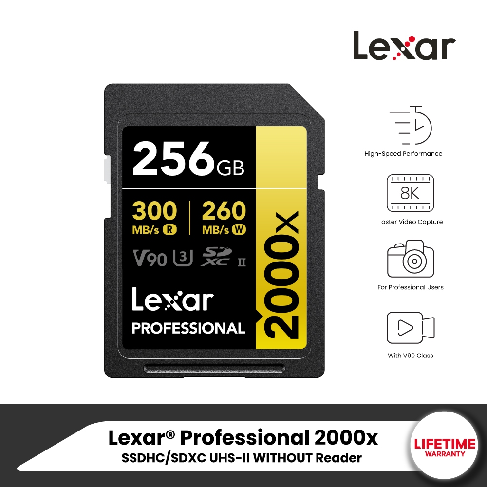 Lexar SD2000x 256GB UHS-II U3 V90 SD Card (เอสดีการ์ด) Full-HD 3D 4K 8K RW300/260MB/s (LSD2000256G) 
