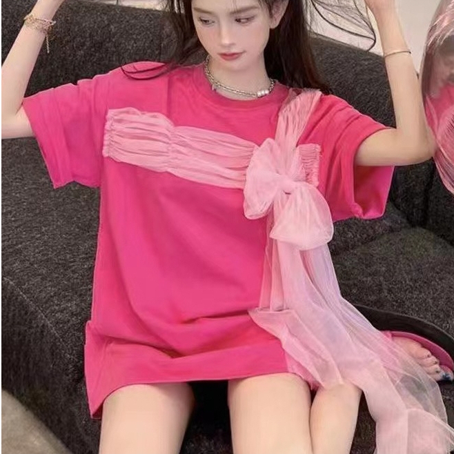 𝑨𝒍𝒊𝒄𝒆 RIBBON T-SHIRT เสื้อยืดโอเวอร์ไซส์ สไตล์เกาหลี แต่งโบว์ชีฟอง จะผูกหรือปล่อยก็ได้ค่ะ งานนำเข้า