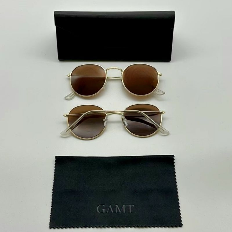 แว่นกันแดด GAMT Vintage Round Aviator Sunglasses Color Film for Women Golden Frame Brown Lens. 48mm.