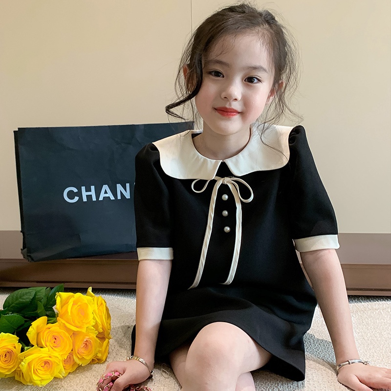 90-150 เด็กสีดำแขนสั้นฝรั่งเศสสีทึบโบว์ไข่มุกหลวมจัดเลี้ยงวันเกิดเทศกาลเจ้าหญิงลมหวานแฟชั่นชุดน่ารัก
