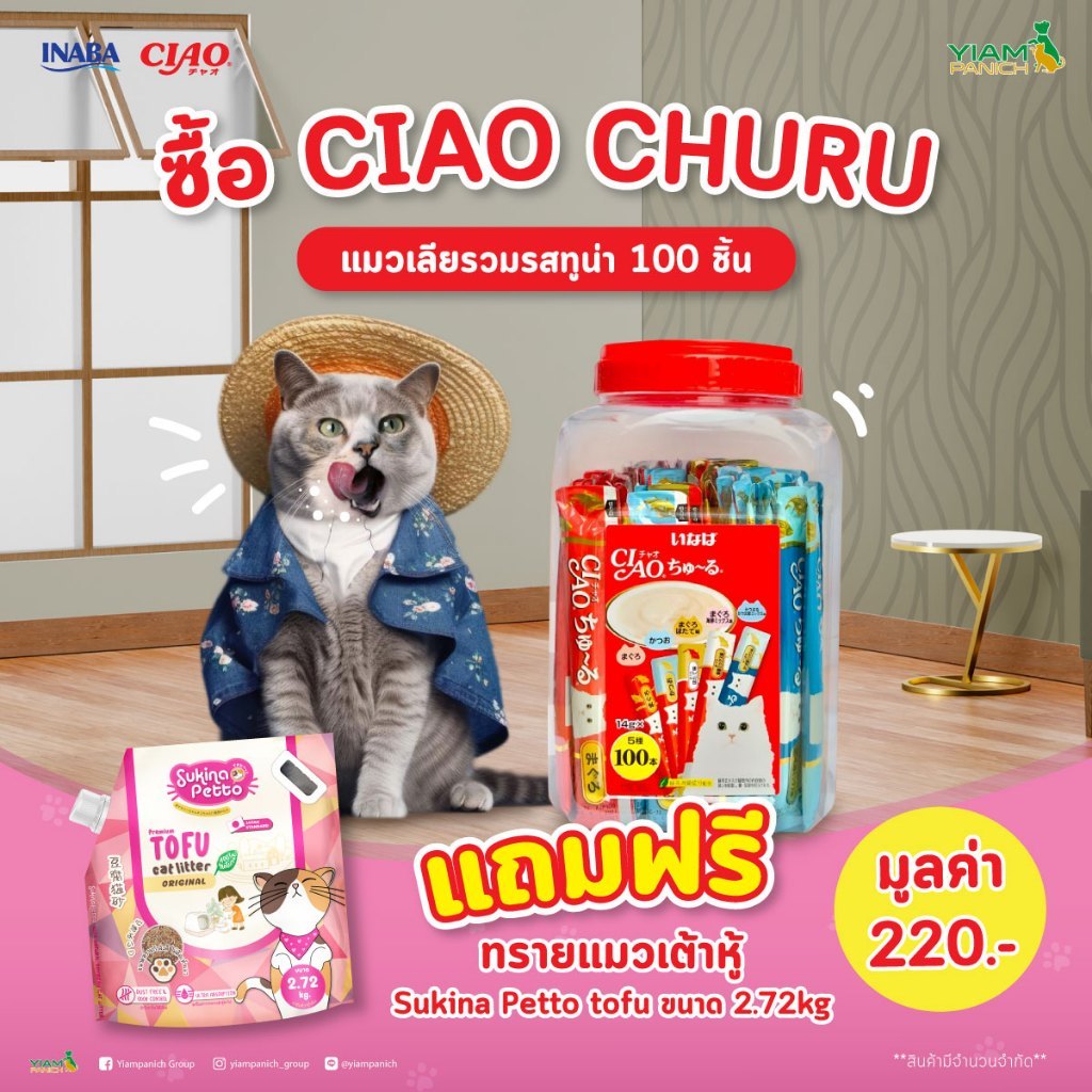 ขนมแมวเลีย รวมรสทูน่า100 ชิ้น 14gx100 (รับฟรี ทรายแมวเต้าหู้ Sukina Petto ขนาด 2.72 Kg.) CIAO CHURU