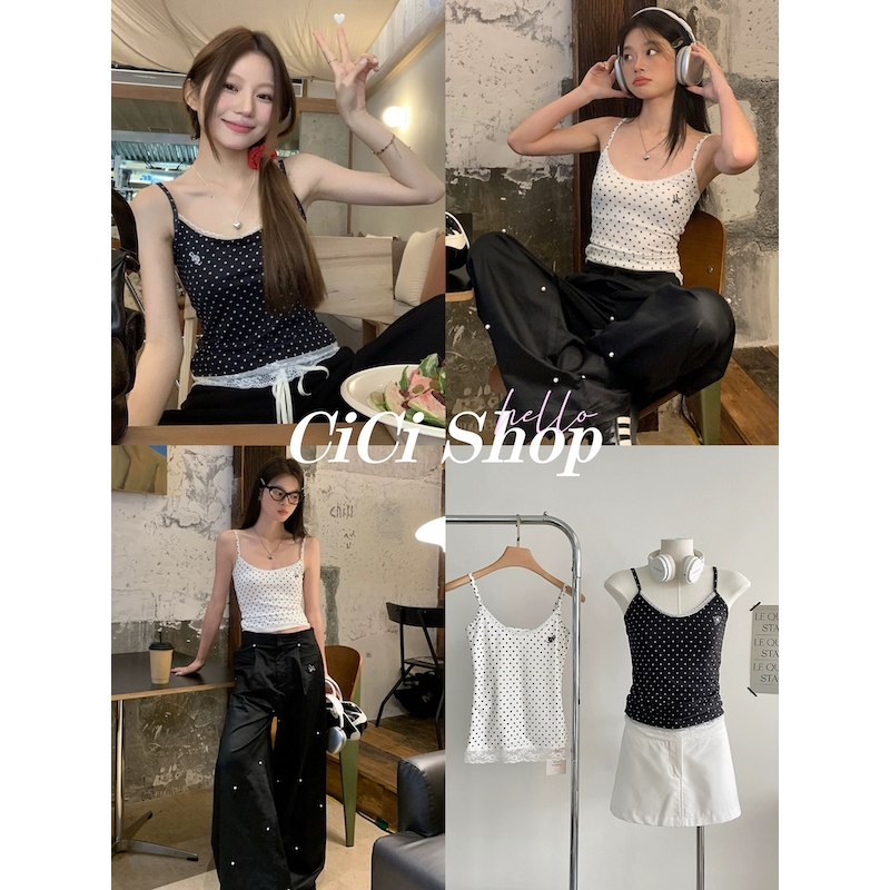 Cicishop(H9392)เสื้อสายเดี่ยวผ้าชีฟองลายจุด แต่งปลายลูกไม้ สาวหวานควรมี