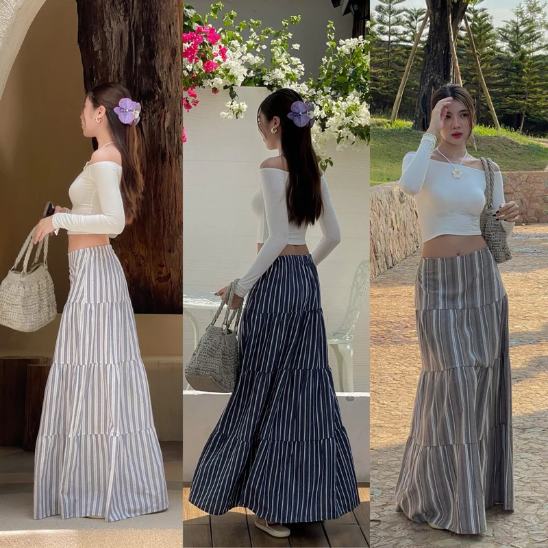 กระโปรงยาวชายระบายลายทางผ้าคอตต้อนลินิน Blossom bloom skirt 🌸