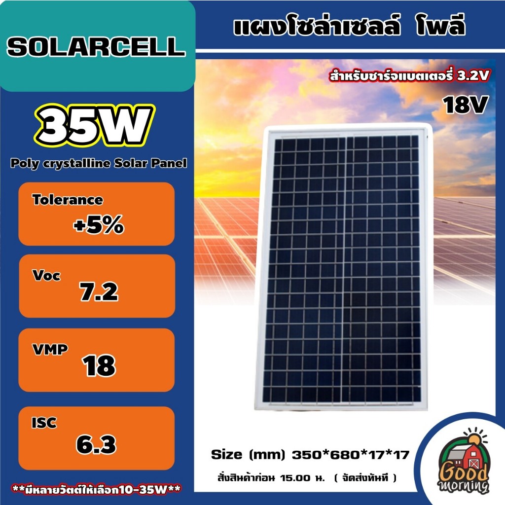 SOLARCELL 🇹🇭 แผงโซล่าเซลล์ ขนาด 10W 20W 35W 50W พร้อมสายไฟยาว 1 เมตร 6V 18V แผงโซล่า โซล่าเซลล์ แผง 