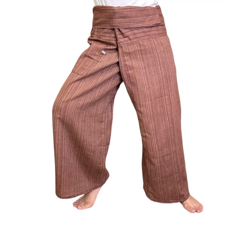 Thai Fisherman Pants Yoga Trousers, กางเกงเล สีน้ำตาล ขนาดฟรีไซส์ ผ้าฝ้าย คอตตอน