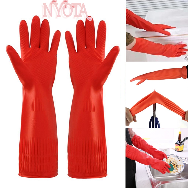 NYOTA ถุงมือยาง 38 ซม. ล้างจานในครัวบ้านขยายยางหนากันน้ำทำความสะอาดบ้านทนต่อการสึกหรอ