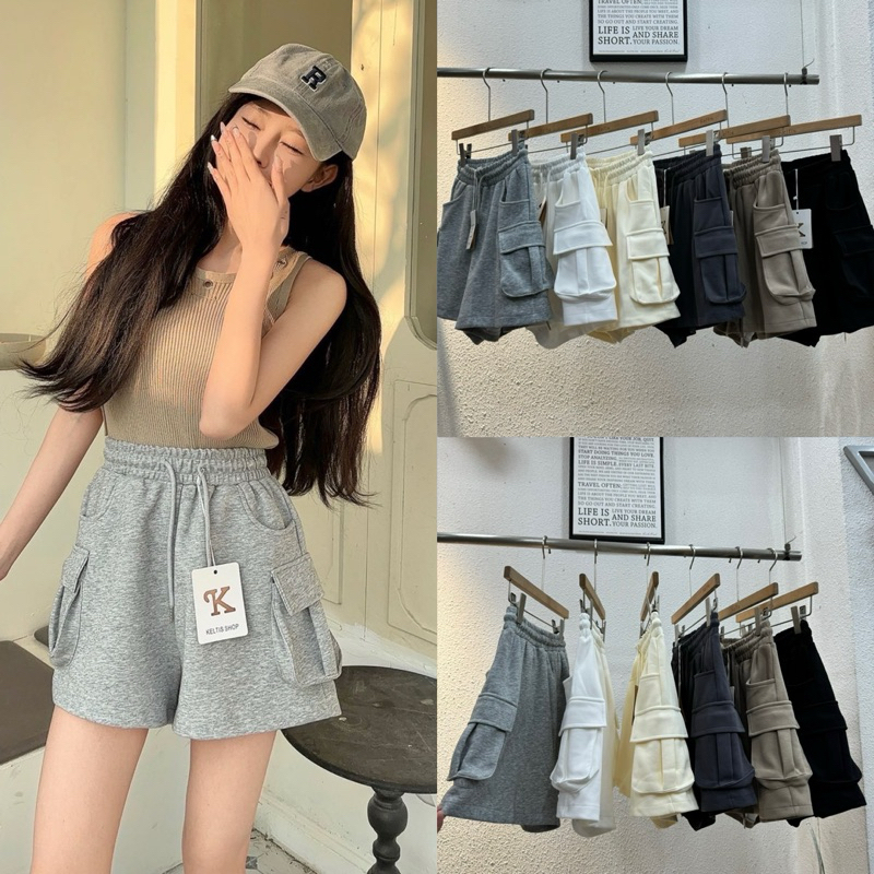 Lady_jeans #1008 (K))กางเกงขาสั้นคาร์โก้ ทรงแคมป์ ผ้าวอม