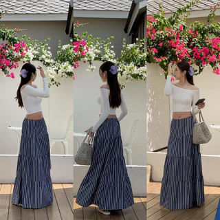 กระโปรงยาวชายระบายลายทางผ้าคอตต้อนลินิน Blossom bloom skirt 🌸