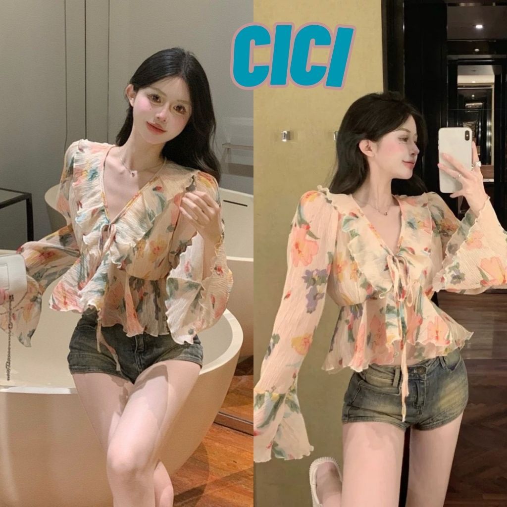 Cici(No.J989)เสื้อเชิ้ตแขนยาวdetail ผูกโบว์ด้านหน้าพิมพ์ลายดอกไม้ตรงแขนแต่งชายระบายสไตล์ฝรั่งเศส