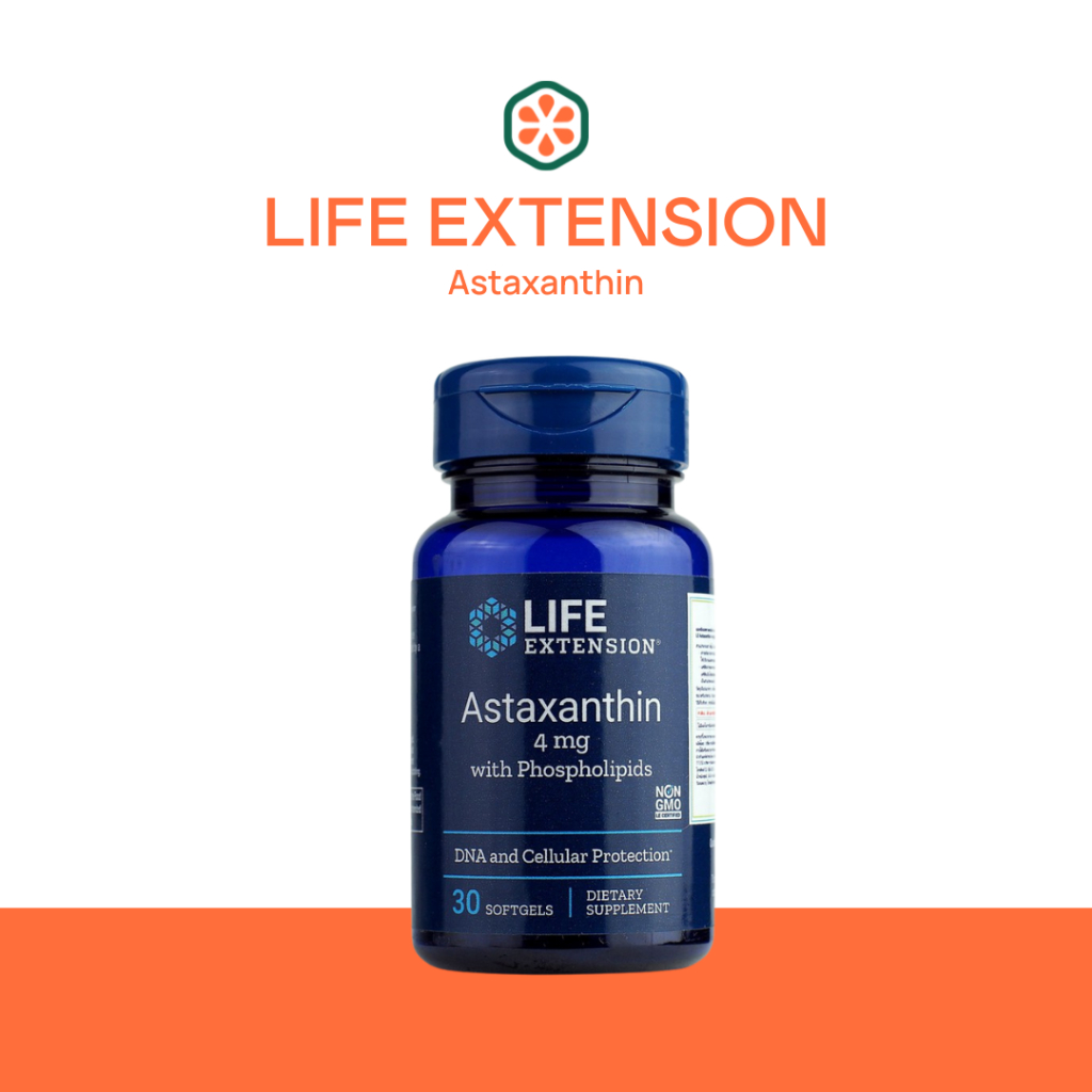 Life Extension Astaxanthin 4 mg l แอสต้าแซนทิน ต้านอนุมูลอิสระ ผิวแลดูอ่อนเยาว์ (30 แคปซูล)