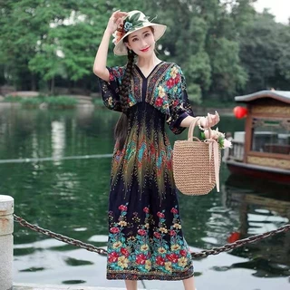 เดรส เดรสโบฮีเมี่ยน เดรสกิโมโน สาวอวบ ใส่ได้ไซด์xxl ทรง อก32-46 เอว 45 ยาว 47 นิ้ว สม็อคหน้าหลัง ผ้าสปันใส่เย็น จากไทย
