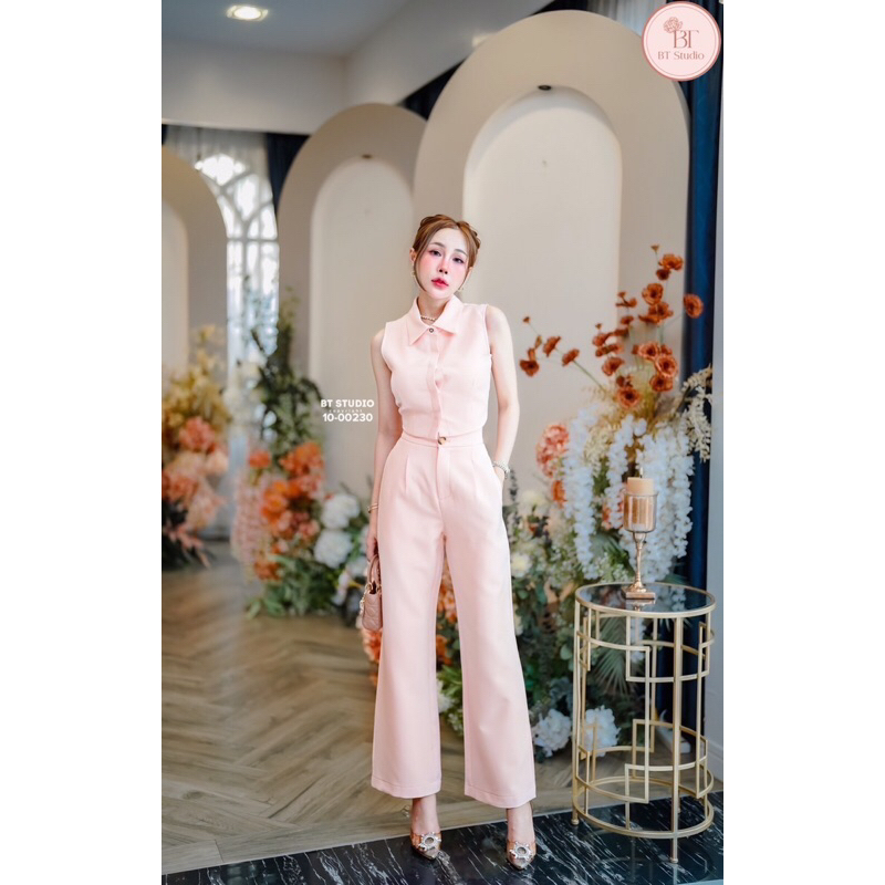 BT 10-00230 เซท 2 ชิ้น เสื้อแขนกุดคอปก แมทซ์กับกางเกงขายาวเอวสูง กระเป๋าข้างใช้งานได้จริง