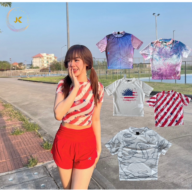 เสื้อวิ่งผ้าซีทูเสื้อครอปแขนสั้น#เสื้อวิ่งพิมพ์ลาย