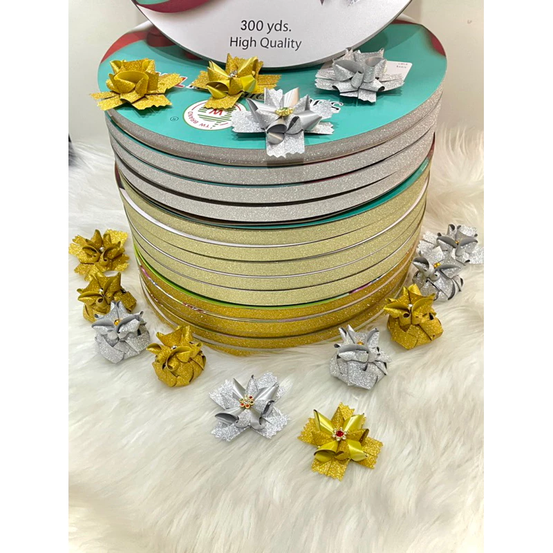 ริบบิ้นกากเพชรทึบ TW สีเงิน สีทอง ยาว 300 หลา ขนาด 12 มิล ราคาต่อ 1 ม้วน