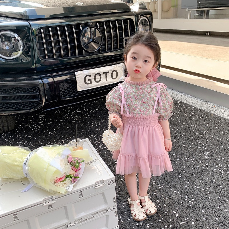 Little Piglet พร้อมส่ง เดรส สีชมพู Dress ชุดกระโปรง ฟรุ้งฟริ้ง ลูกไม้ ดอกไม้ น่ารัก เด็กผู้หญิง