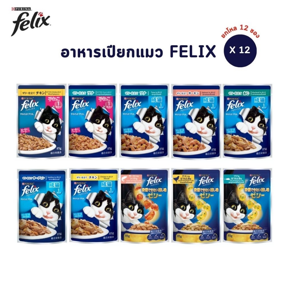 FELIX เฟลิกซ์ อาหารเปียกแมว [ยกโหล 12 ซอง] ขนาด 85 กรัม  [คละรสได้ กดตัวเลือกแบบคละรส]