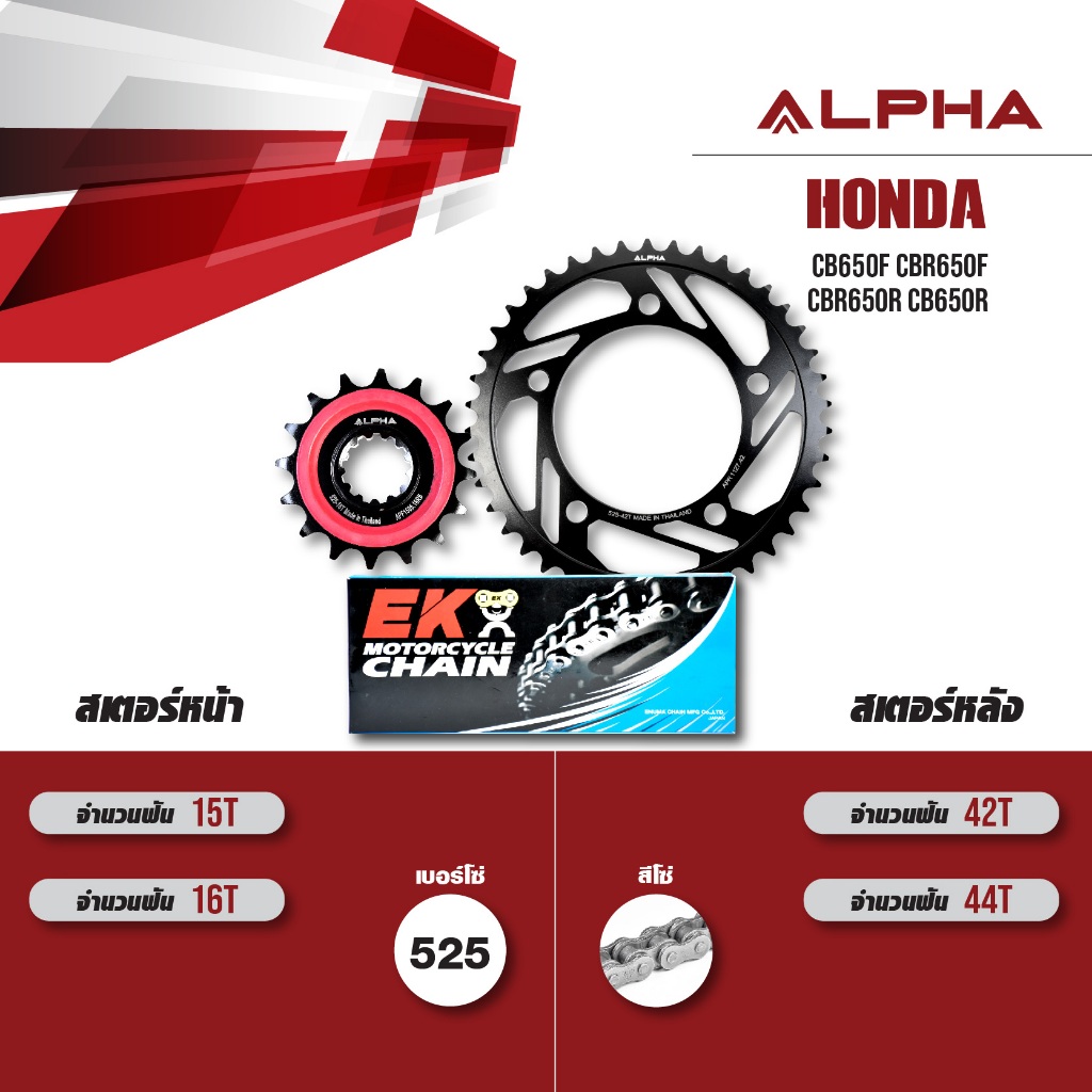 ALPHA ชุดโซ่สเตอร์ เปลี่ยน Honda CB650F CBR650F CBR650R CB650R โซ่ EK DEX สีเหล็ก [ เลือกเบอร์ได้ ]