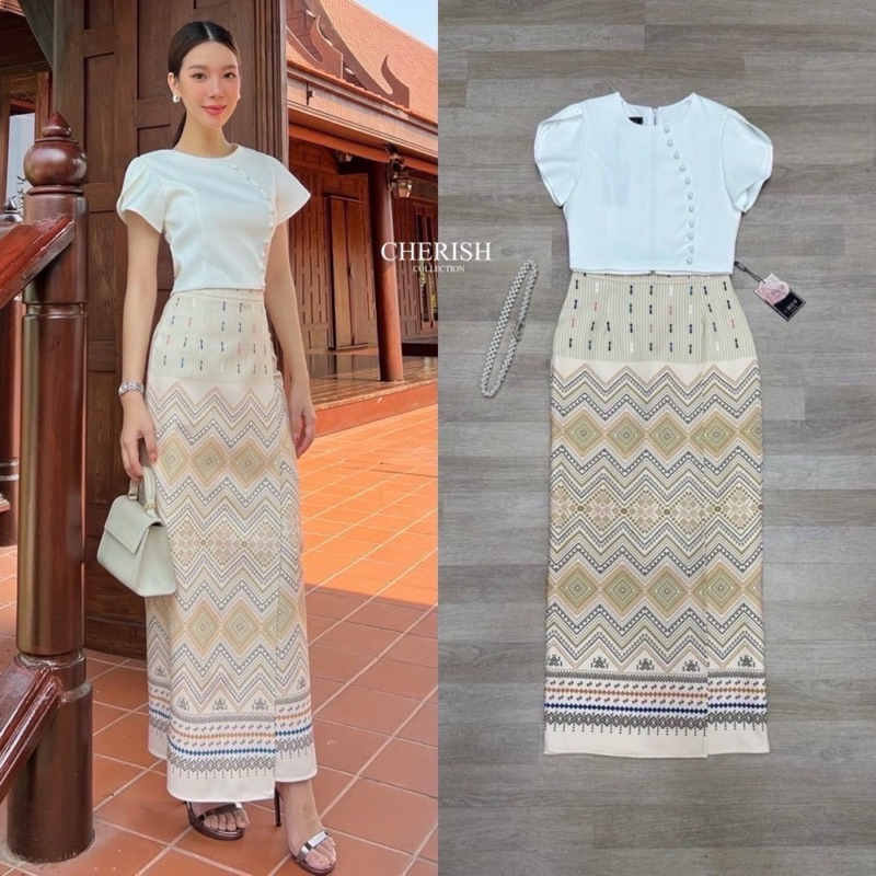 CHERISH เซ็ท 3 ชิ้ิ้น( มีเข็มขัดมุก) ชุดงานบุญ ชุดไทย ผ้าไทย ทำบุญ ตักบาตร เรียบร้อย