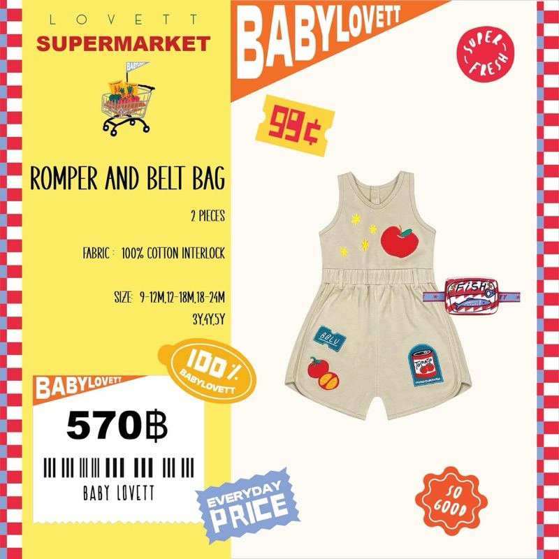 (Used like new!) Baby Lovett : Supermarket 🍅 No.10 Romper &amp; Belt Bag / 3Y
