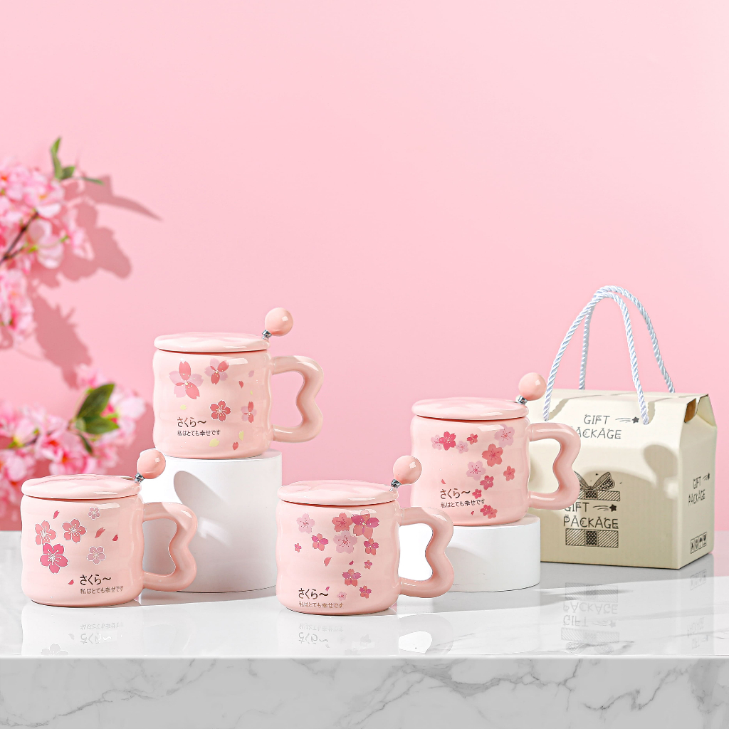 เซตกาแฟ พร้อมกล่องของขวัญ ลายดอกไม้สีชมพูสดใส สวย น่ารัก ชาวออฟฟิศนักเรียนนักศึกษา ต้องชอบ