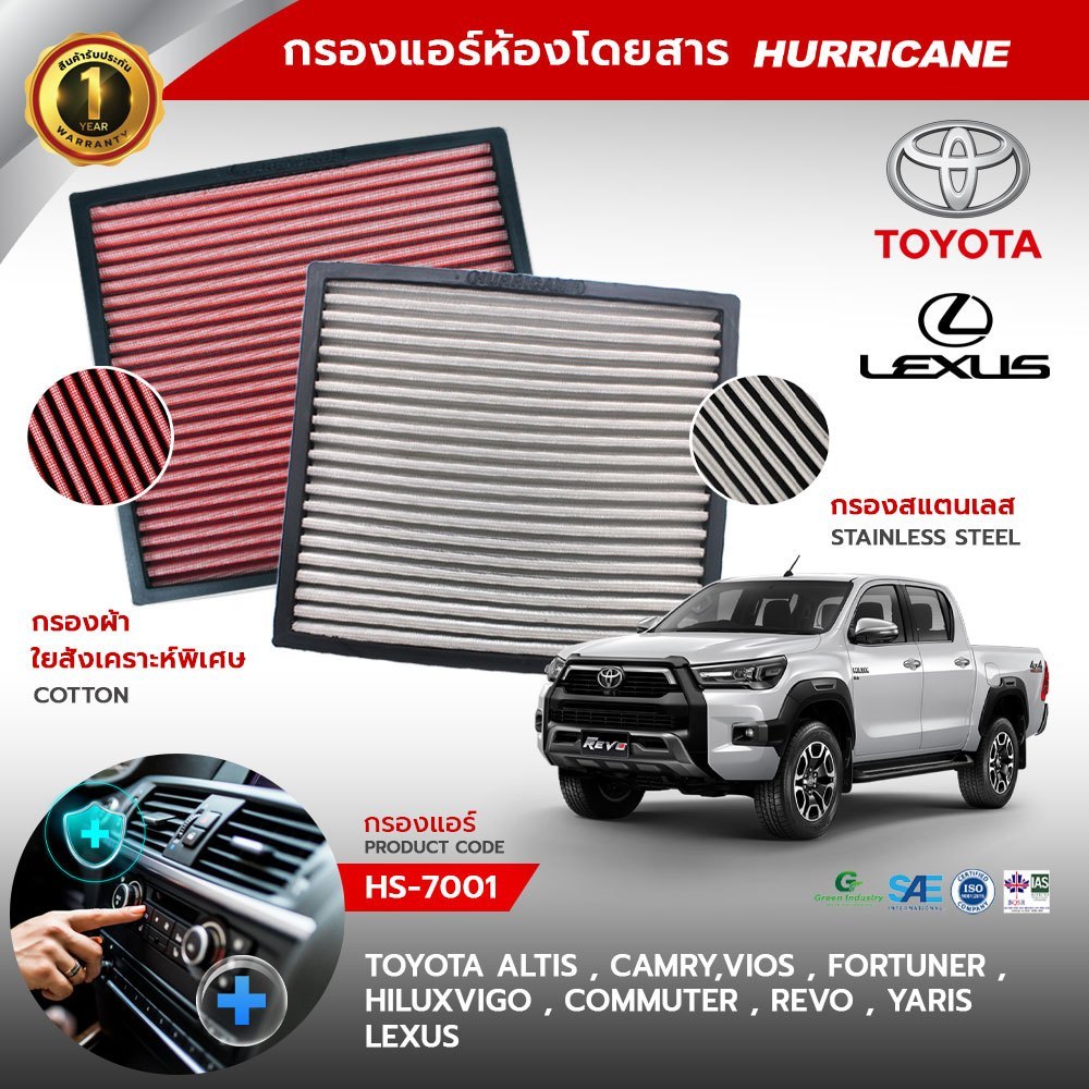HURRICANE กรองแอร์ห้องโดยสาร Toyota ( Altis , Camry,Vios , Fortuner , HiluxVigo , Commuter , Revo , Yaris ) HS-7001
