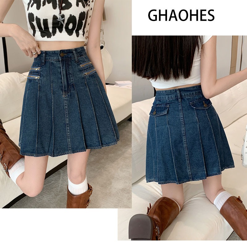 GHAOHES  กระโปรงยีนส์อัดพลีท  ทรงเอสั้น  เอวสูง  ผ้ายืดหยุ่นฟรี   สีสวยใส่สบาย  กระโปรงจีบ