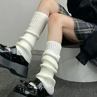Y2K ถุงเท้าถักสำหรับผู้หญิง ถุงเท้ายาวถึงเข่า jk สไตล์ญี่ปุ่น สีทึบ ผ้ามีความนุ่มสบาย