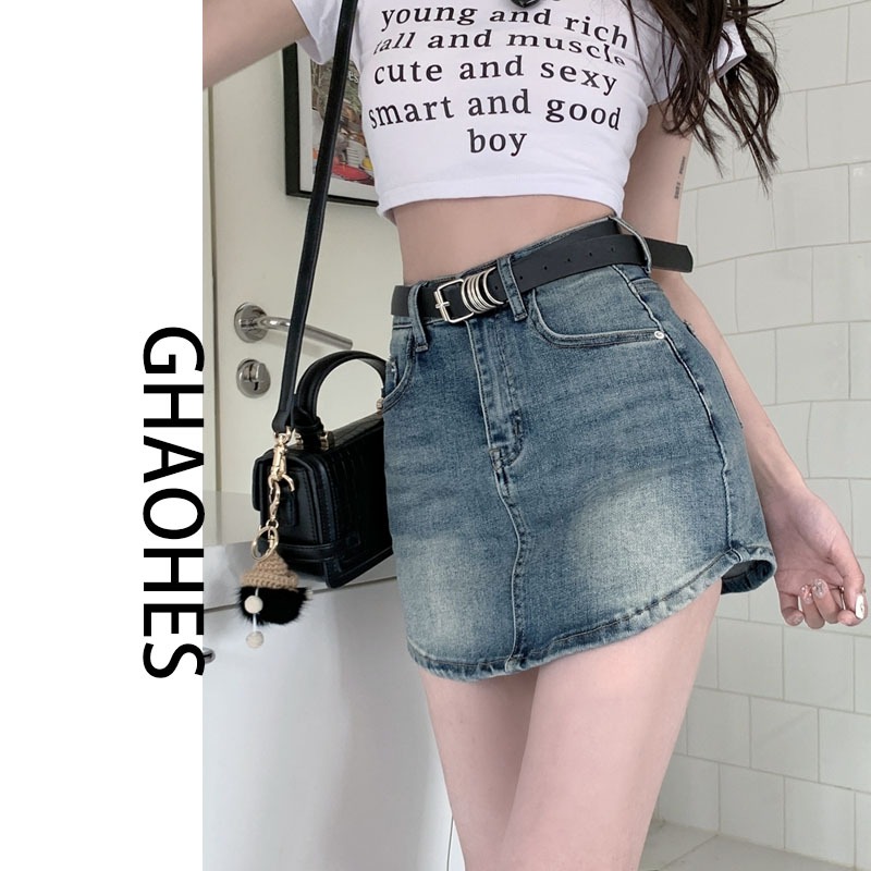 GHAOHES กระโปรงยีนส์เอวสูงมีซับใน  ผ้ายืดหยุ่น  เข้ารูป   สีสวยใส่สบาย  13 นิ้ว