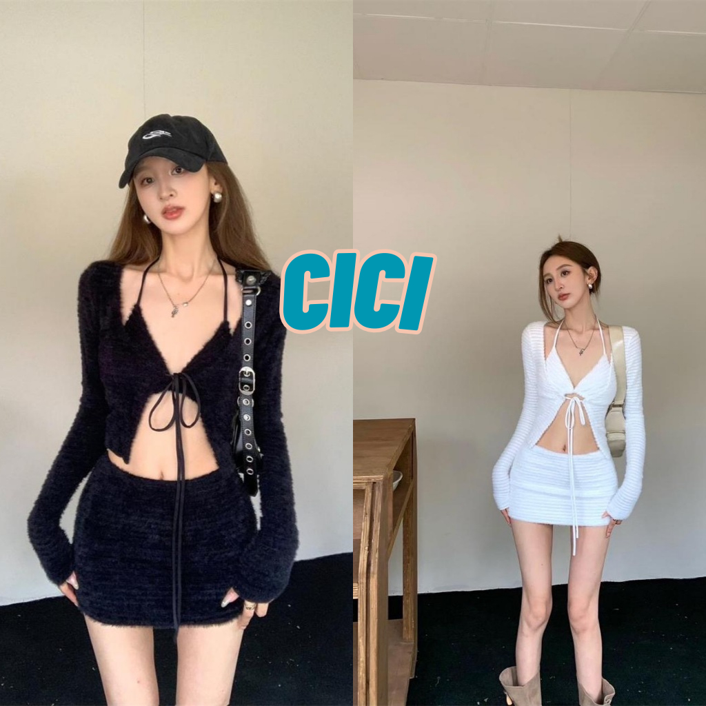Cici(C1848)set3ชิ้น ไหมพรม เสื้อคลุม+บราคล้องคอ+กระโปรงสั้น เซ็กซี่ปนเท่แบบเบา