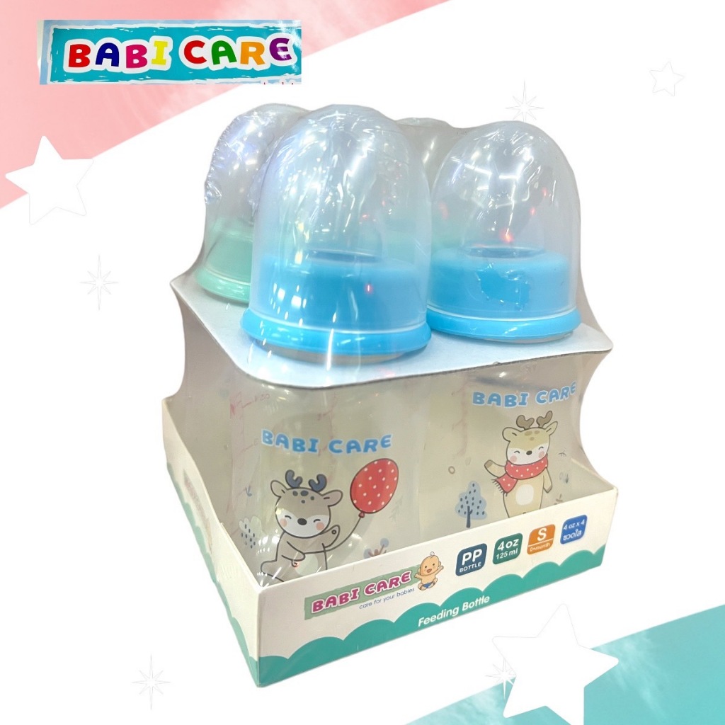 Babi care เบบี้แคร์ ขวดนมทรงมาตรฐาน สีฟ้า คอแคป ขนาด 4oz,8oz (แพ็ค 4 ขวด)