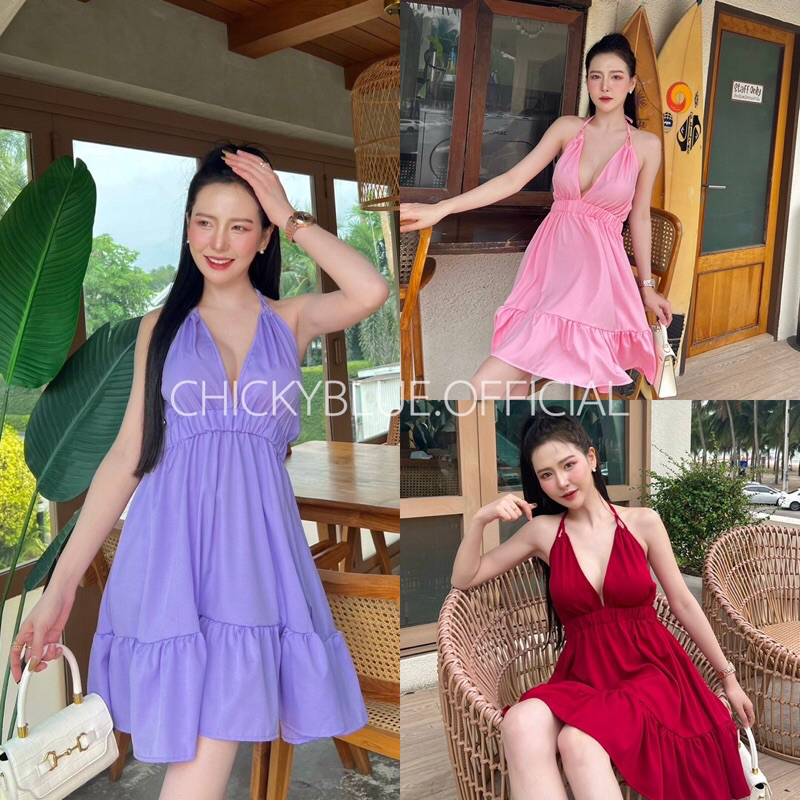 CKB002ชุดเดรสสั้นกระโปรงระบายสายคล้องคอผูกด้านหลัง