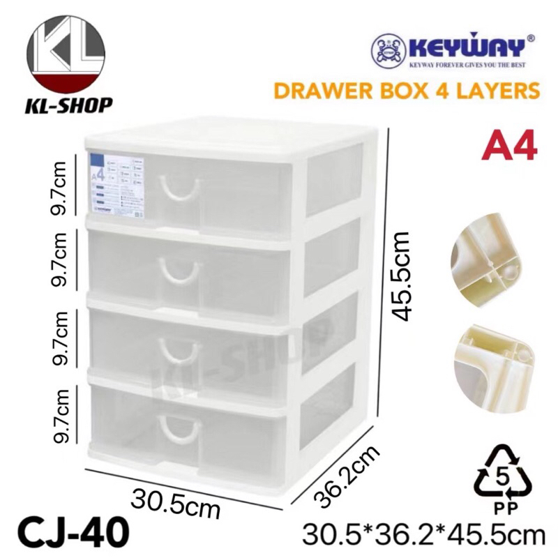 Keywayกล่องลิ้นชัก (ใส่A4ได้) ลิ้นชักอเนกประสงค์4ชั้น สีใส เเข็งเเรงทนทาน รุ่น CJ-40