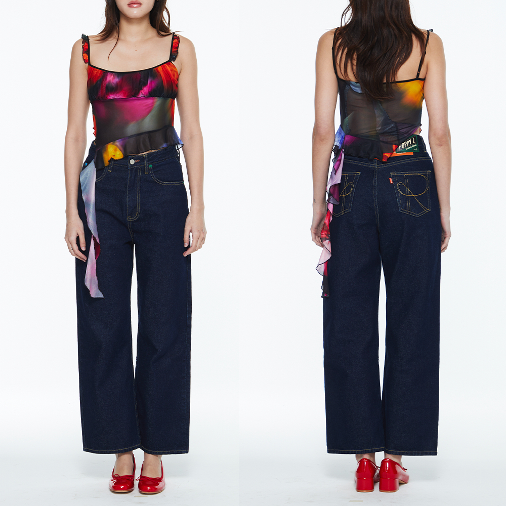 RYA Poppy Jeans Special Edition 2024 กางเกงยีนส์เอวสูง ขากระบอก สีเข้ม แต่งอะไหล่สีๆ และป้ายสี ราคา ถูกที่สุด ดีลบีเคเค แกลเลอรีภาพที่ 2