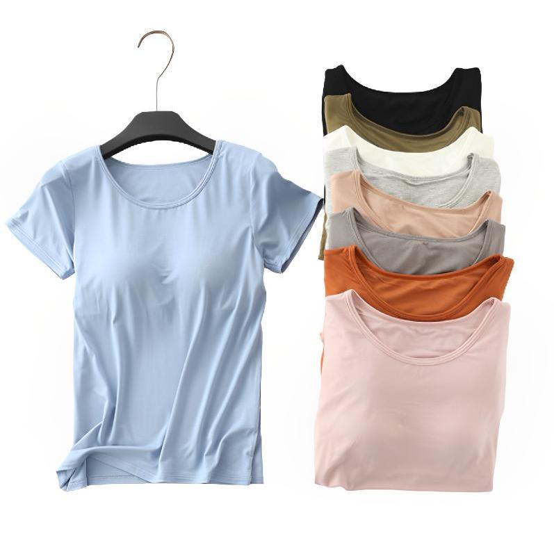 เสื้อยืดมีฟองน้ำคอกลม เสื้อสีพื้นแขนสั้น มีบราในตัว เสื้อยืด เนื้อผ้านิ่ม ผ้าเรย่อนนุ่ม ใส่สบาย
