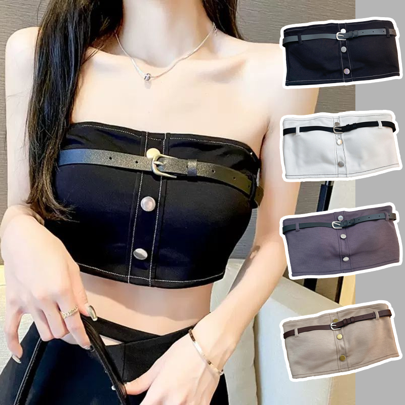 เสื้อแฟชั่นสตรี เสื้อเกาะอก สไตล์สั้น แต่งเข็มขัด มีแผ่นรองหน้าอกในตัว สไตล์เซ็กซี่  ผ้ามีความนุ่มสบาย Free Size