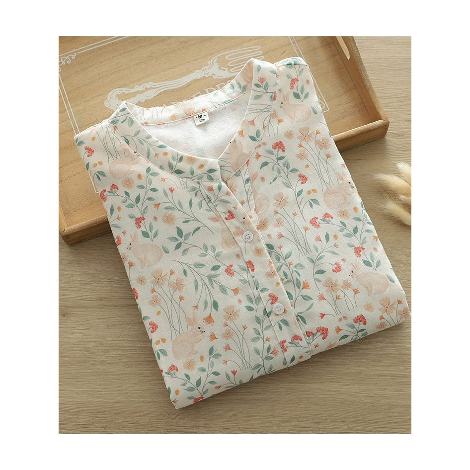 เสื้อคอจีนวีแขนยาวผ้าสาลูพิมลาย
